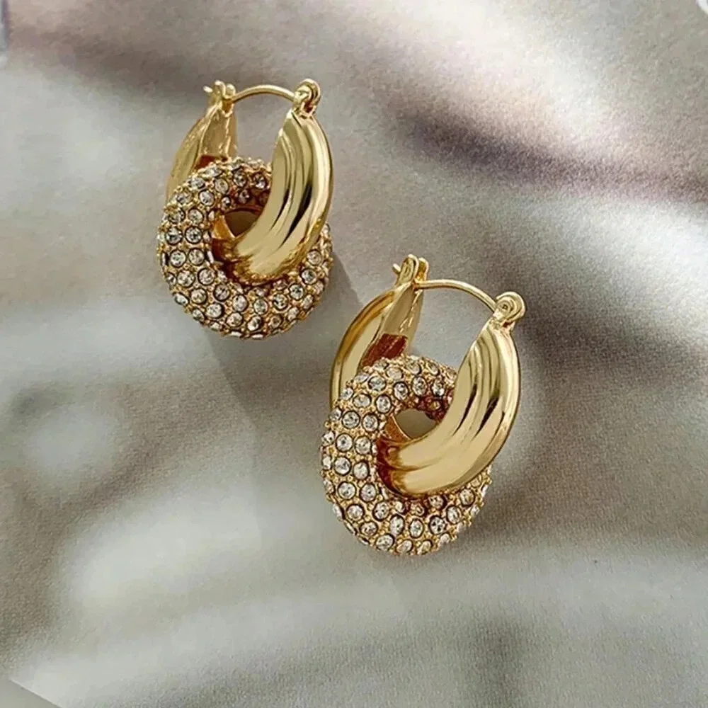 Yellow Gold Women's Gold Color Zinc Alloy Full Diamond Inlaid Hoop Earrings